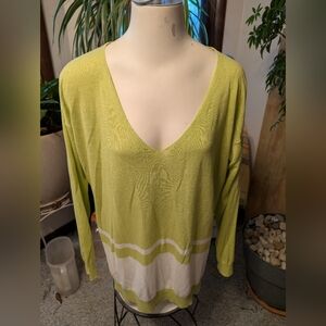Splendid Lime Green, White Oversized Thin Vnecked Top Sweater Sz Lg